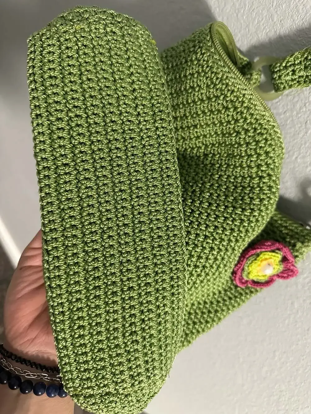 The Sak Green Crochet Shoulder Bag Hobo Purse with Flower Charm